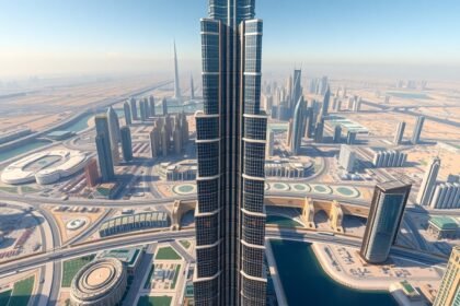 Kilátás a Burj Khalifáról, Dubai városközpontjára.
