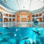 A Dubai Mall belső tere és óriásakváriuma, cápák és ráják alatt.