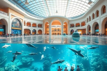 A Dubai Mall belső tere és óriásakváriuma, cápák és ráják alatt.