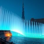 A Dubai Szökőkút esti show a Burj Khalifa tövében, táncoló vízoszlopok és fények.