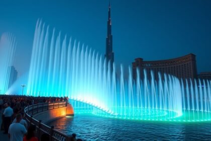 A Dubai Szökőkút esti show a Burj Khalifa tövében, táncoló vízoszlopok és fények.