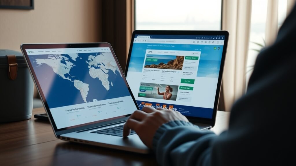 Két laptop, az egyik térképet, a másik foglalási oldalt mutat