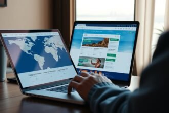 Két laptop, az egyik térképet, a másik foglalási oldalt mutat