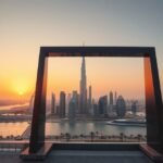 A Dubai Keret panorámája a modern Dubai városképével és naplementével