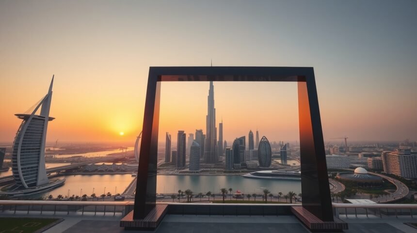 A Dubai Keret panorámája a modern Dubai városképével és naplementével
