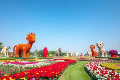 Miracle Garden színes virágoskertje és szobrok Dubajban