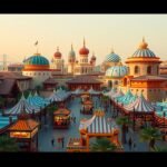 A Global Village Dubajban, színes pavilonok és kultúrák találkozása.