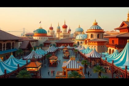 A Global Village Dubajban, színes pavilonok és kultúrák találkozása.