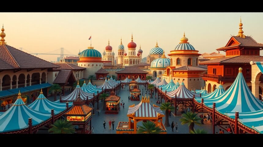 A Global Village Dubajban, színes pavilonok és kultúrák találkozása.