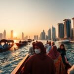 Hagyományos átkelés a Dubai Creek-en gyönyörű naplementében.