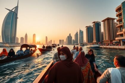 Hagyományos átkelés a Dubai Creek-en gyönyörű naplementében.
