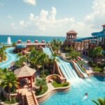 Aquaventure vízi vidámpark, lenyűgöző csúszdákkal és hullámmedencével.