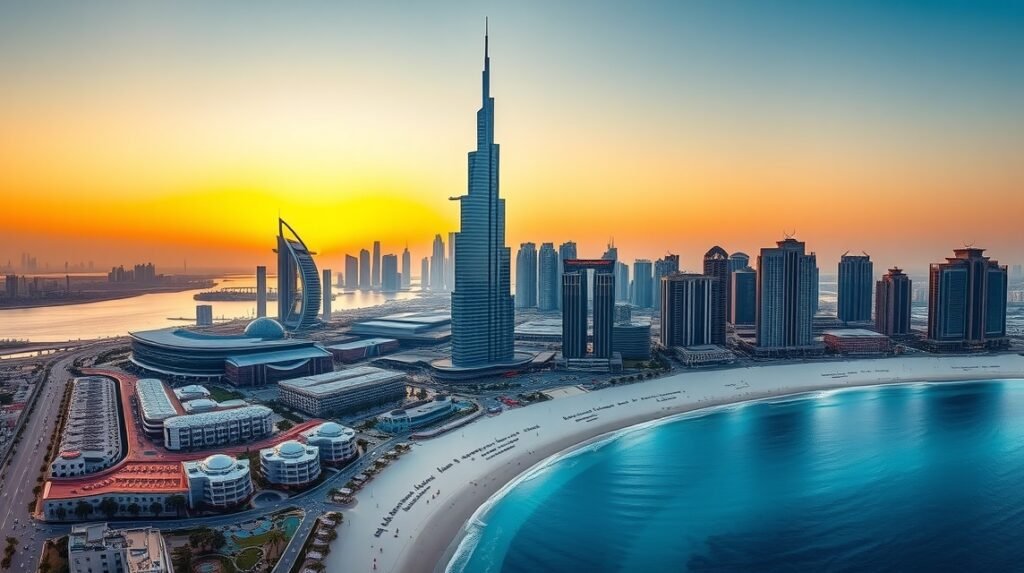 Dubai városkép naplementében, luxusszállodákkal és tengerparttal.