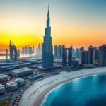 Dubai városkép naplementében, luxusszállodákkal és tengerparttal.