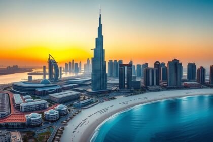 Dubai városkép naplementében, luxusszállodákkal és tengerparttal.