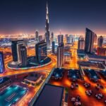 Dubai éjszakai látképe a tetőteraszokról, csillogó fényekkel.