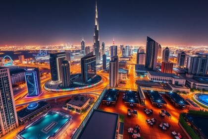 Dubai éjszakai látképe a tetőteraszokról, csillogó fényekkel.