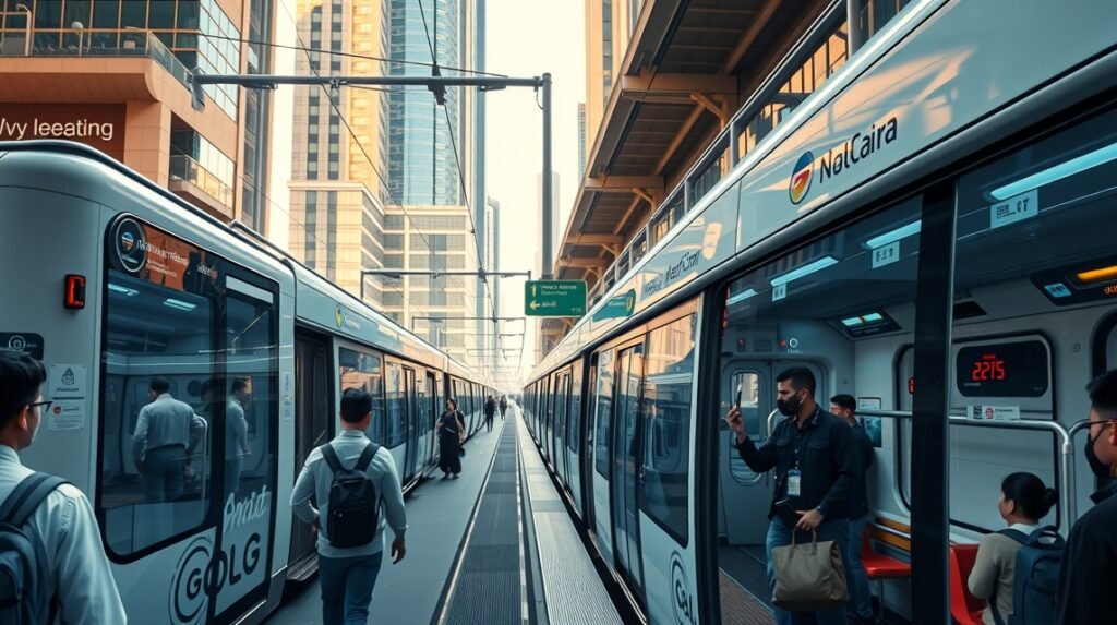Modern Dubai metró és villamos állomás, emberekkel a peronon.