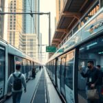 Modern Dubai metró és villamos állomás, emberekkel a peronon.