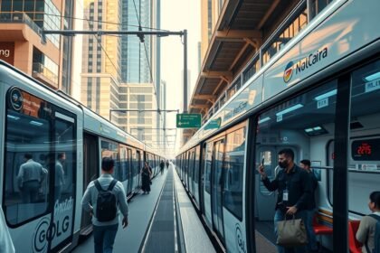 Modern Dubai metró és villamos állomás, emberekkel a peronon.