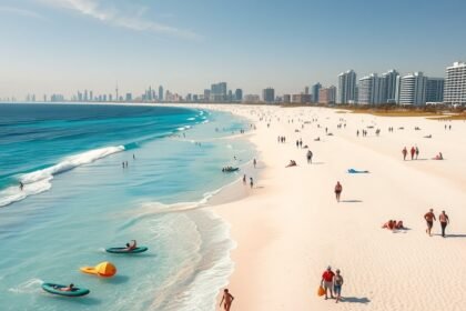 A gyönyörű strand panorámája Dubaiban, emberekkel és vízisportokkal.
