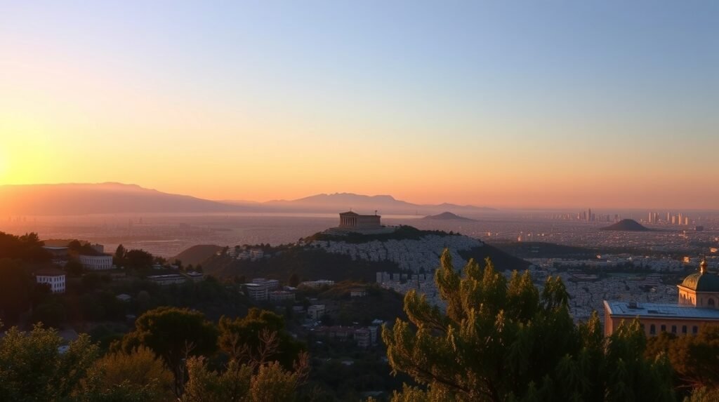 Naplemente a Lükabéttosz-hegyről, lenyűgöző panoráma Athénra
