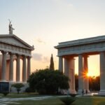 Zeusz temploma és Hadrianusz-kapu Athénban naplementében.