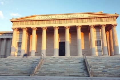 Athéni Nemzeti Régészeti Múzeum lenyűgöző homlokzata naplementében