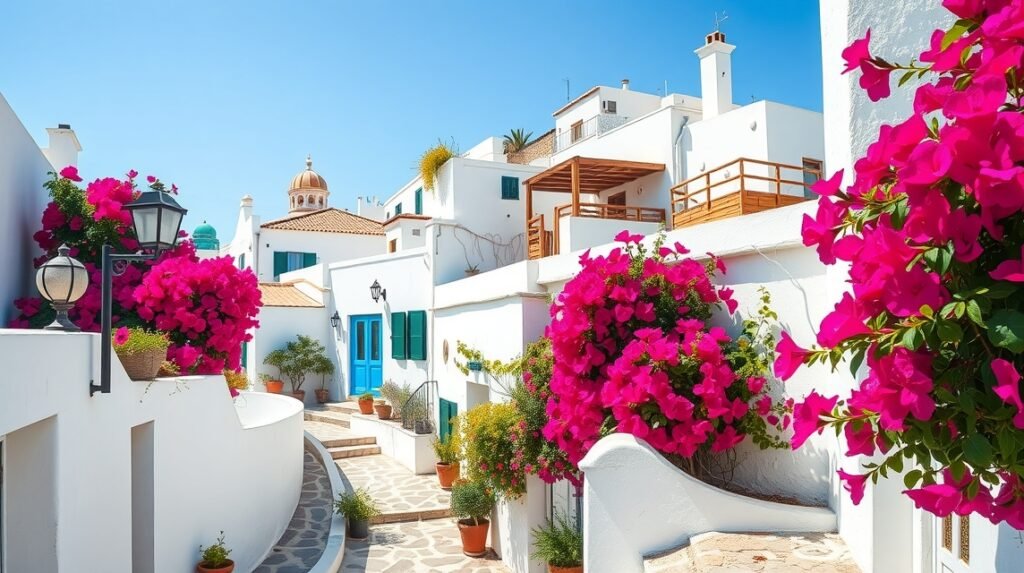 Anafiotika negyed szigeti hangulata virágokkal és fehér házakkal.