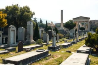 Kerameikosz temető romjai Athénban, ókori sírkamrákkal és városfal maradványokkal.