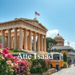 Athén városkép, virágzó növényzet és ókori építmények.