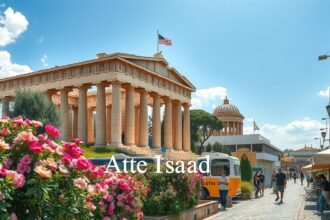 Athén városkép, virágzó növényzet és ókori építmények.