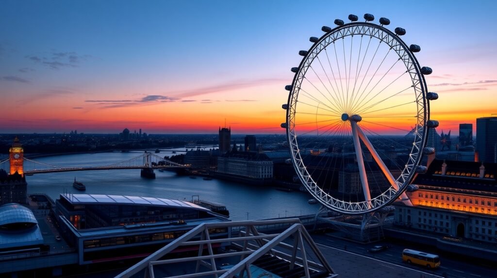 London Eye panoráma a Temze felett naplementében