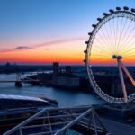 London Eye panoráma a Temze felett naplementében