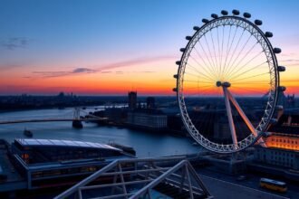 London Eye panoráma a Temze felett naplementében