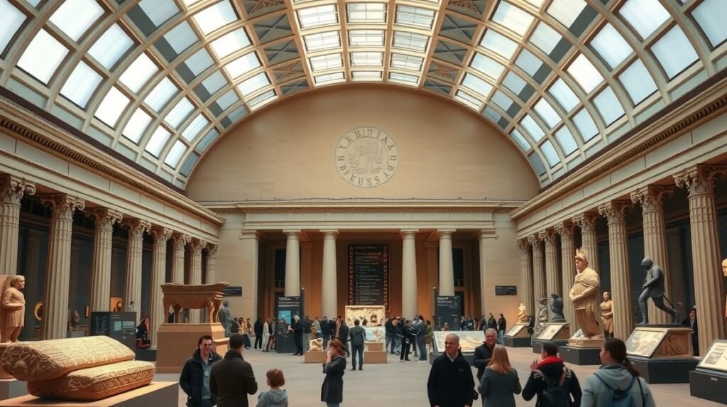 British Museum belső tér, híres antik műtárgyakkal és látogatókkal.