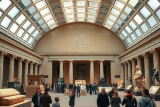 British Museum belső tér, híres antik műtárgyakkal és látogatókkal.