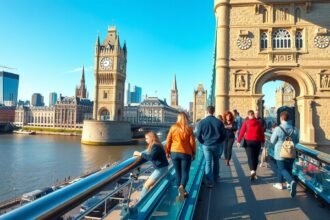 Séta a Tower Bridge üveghídján, London látképe.