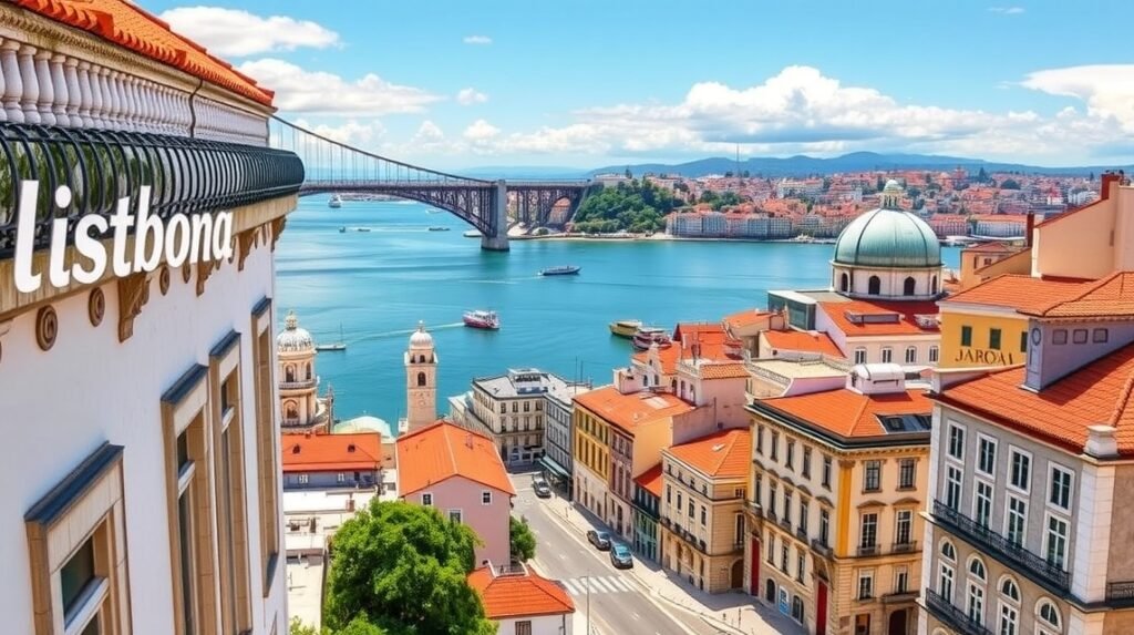 Lisszabon városkép a híddal és a vízparttal