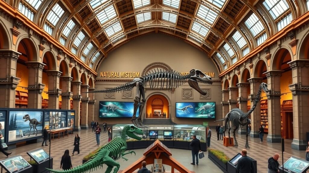 A Természettudományi Múzeum dinoszauruszai interaktív kiállításokkal.