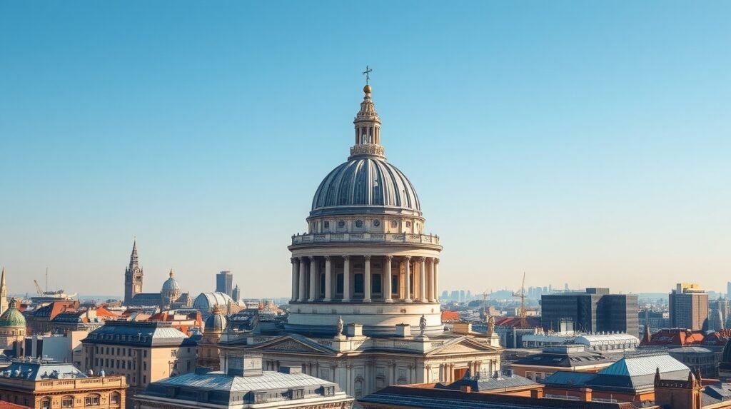 A Szent Pál-székesegyház kupolája Londonban, városi panorámával.