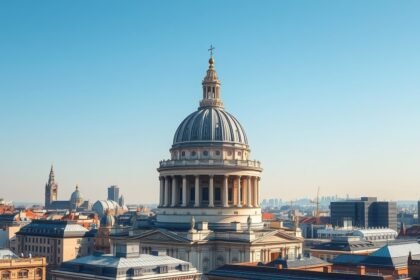A Szent Pál-székesegyház kupolája Londonban, városi panorámával.