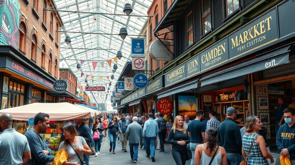 Camden Market belső része, élénk emberekkel és színes boltokkal.