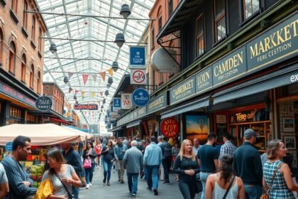Camden Market belső része, élénk emberekkel és színes boltokkal.
