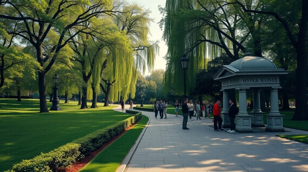 Séta a Hyde Parkban, zöld fák és látogatók a Speaker’s Corner közelében