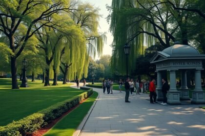 Séta a Hyde Parkban, zöld fák és látogatók a Speaker’s Corner közelében