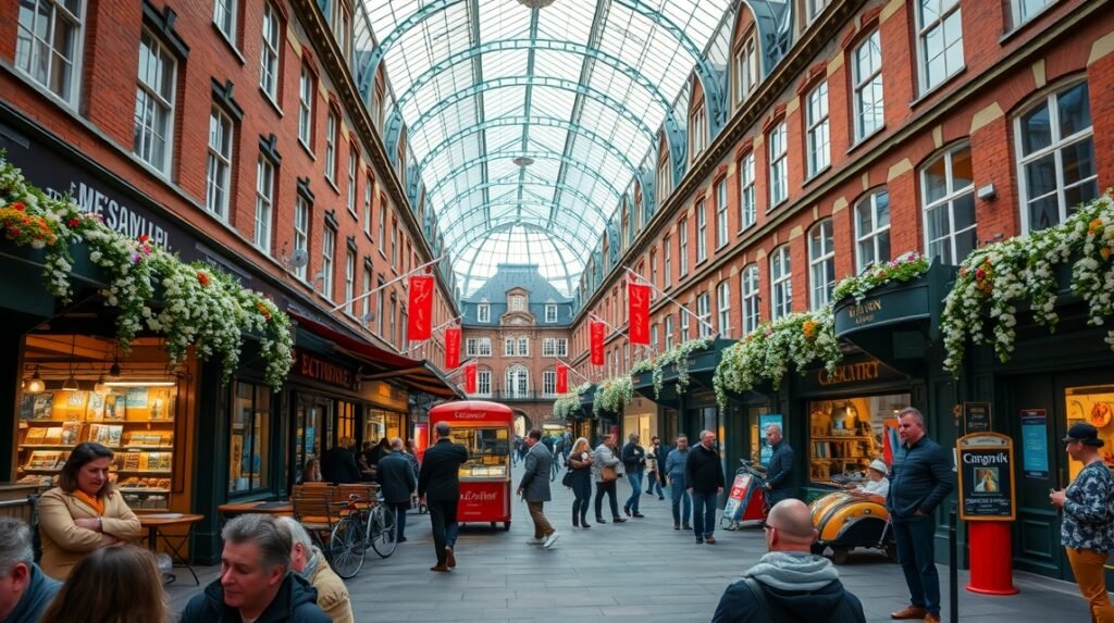 Covent Garden piaca látogatók és árusok között, Londonban