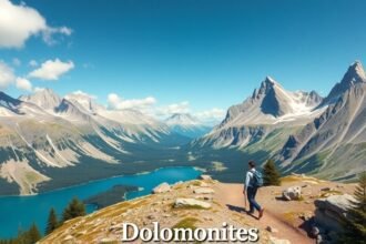 Túrázó a Dolomitok gyönyörű táján, hegyek és tavak panorámájával.