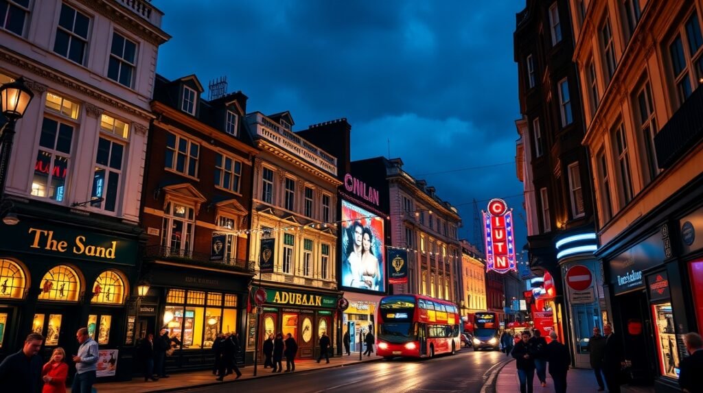 London éjszakai utcája, élénk fények és pubok