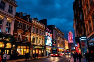 London éjszakai utcája, élénk fények és pubok